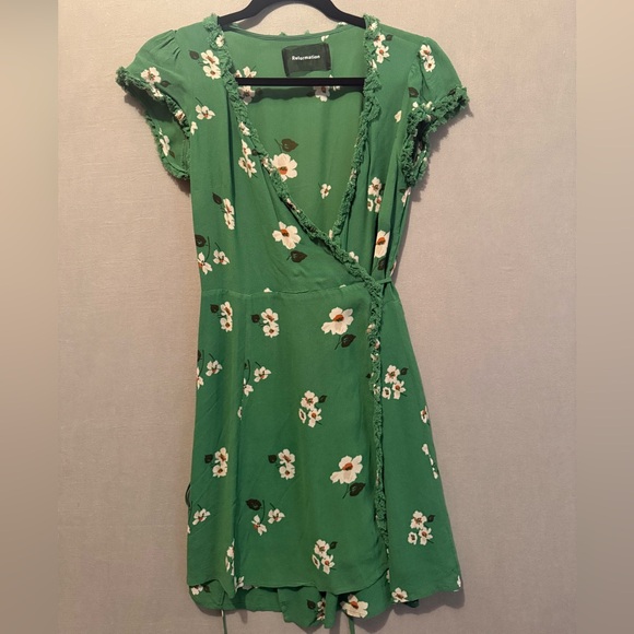 REFORMATION Lola Dress Floral Ruffle Mini V-Neck Wrap Short Sleeve Green M - Picture 5 of 8